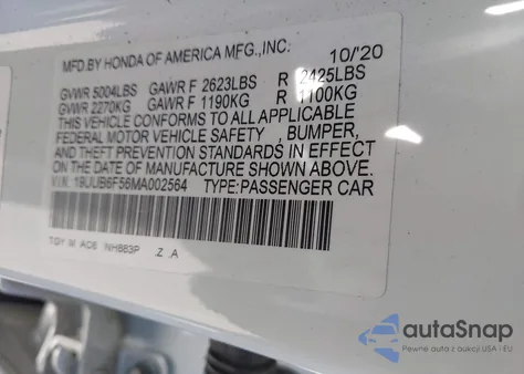 2021 Acura Tlx A-Spec Package z USA, uszkodzony, nr VIN 19UUB6F56MA002564